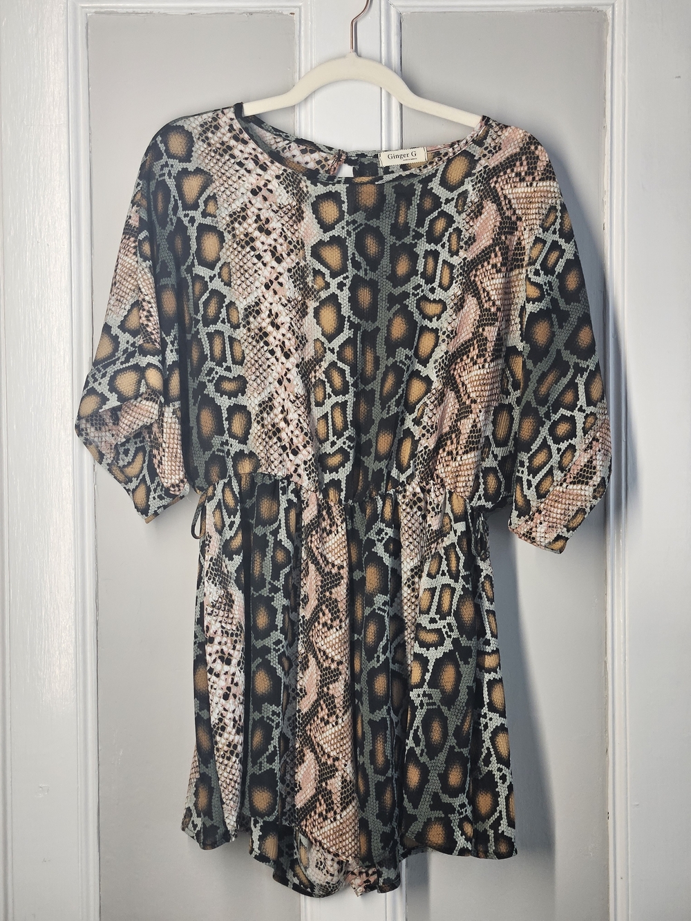 Ginger G Faux-Snake Print Short Romper- Black, Tan